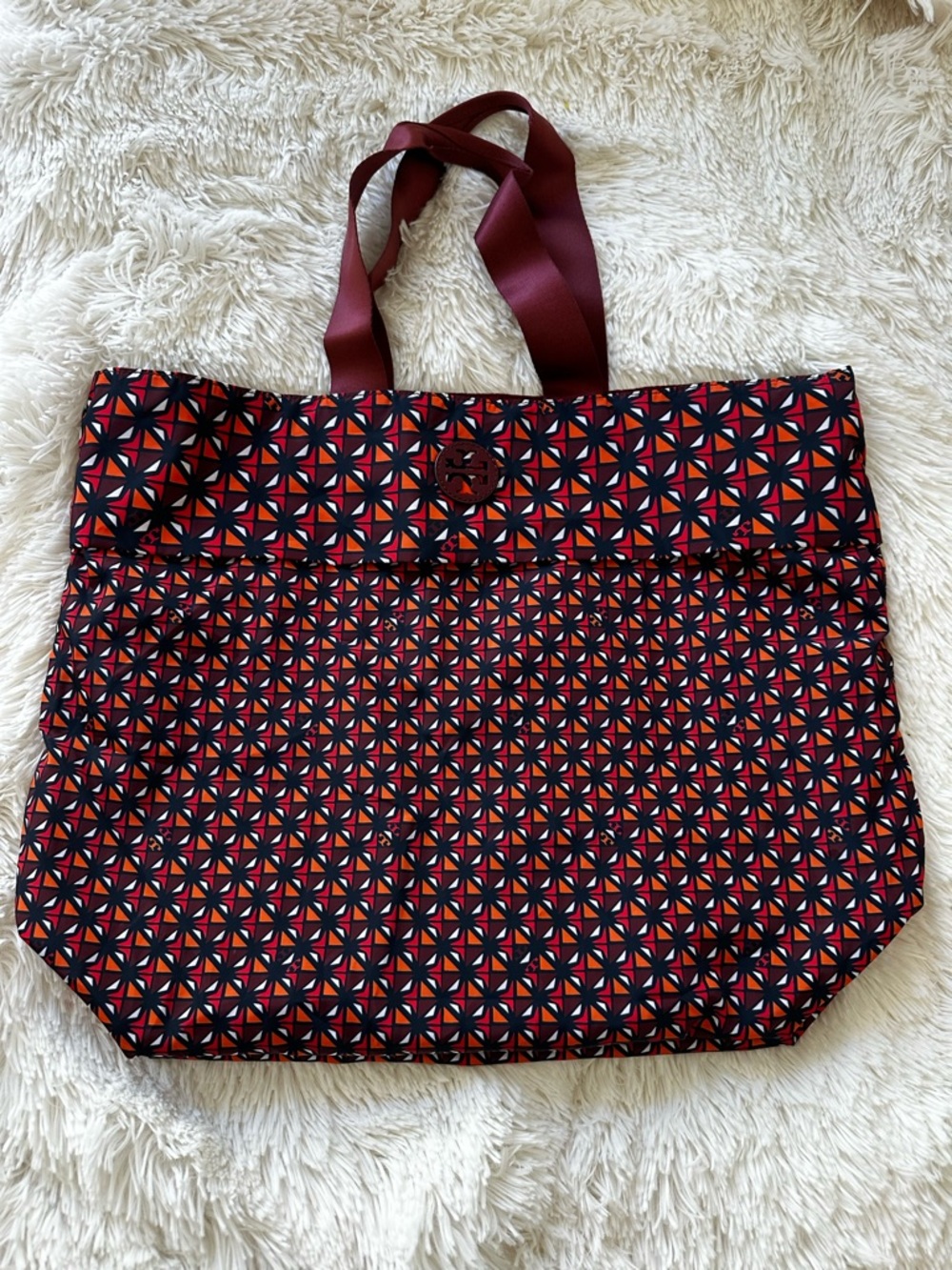 TORY BURCH Burgundy Red Black Printed Nylon Tote Bag Logo Travel Shopper NWT
